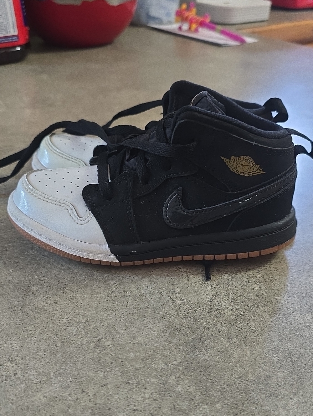 Jordan Kids Black and White High-Top Sneakers with Gum Sole Toddler Size 9C.